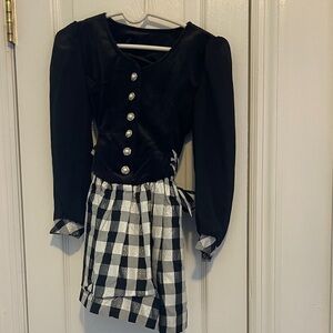 Girls Black and White Checkered Dress with Silver pearl Buttons